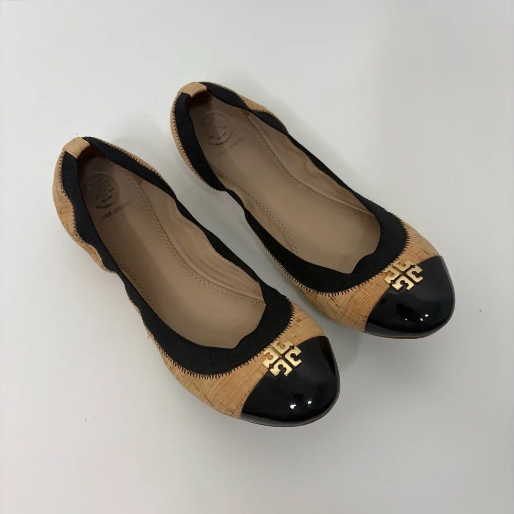 Tory Burch Black and Natural Cork Cap-Toe Ballet Flats
